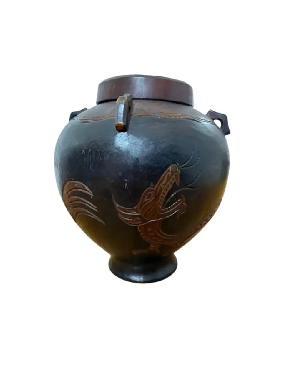 Large Oriental Wood Jar w/ Lid Rice Jar Carved Dragon 4 Carved Strap Handles